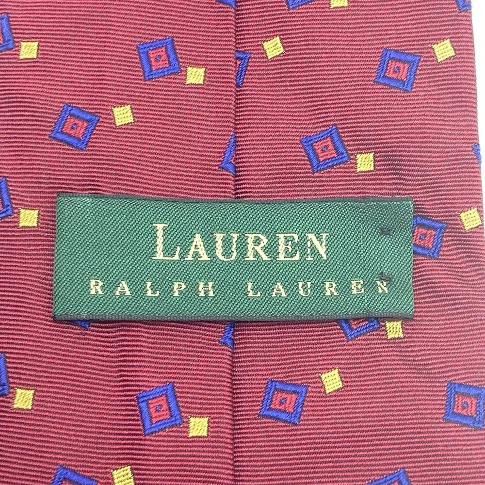 Lauren Ralph Lauren Neck Tie - Hand Finished In USA, 100% Silk - Dark Red Geo